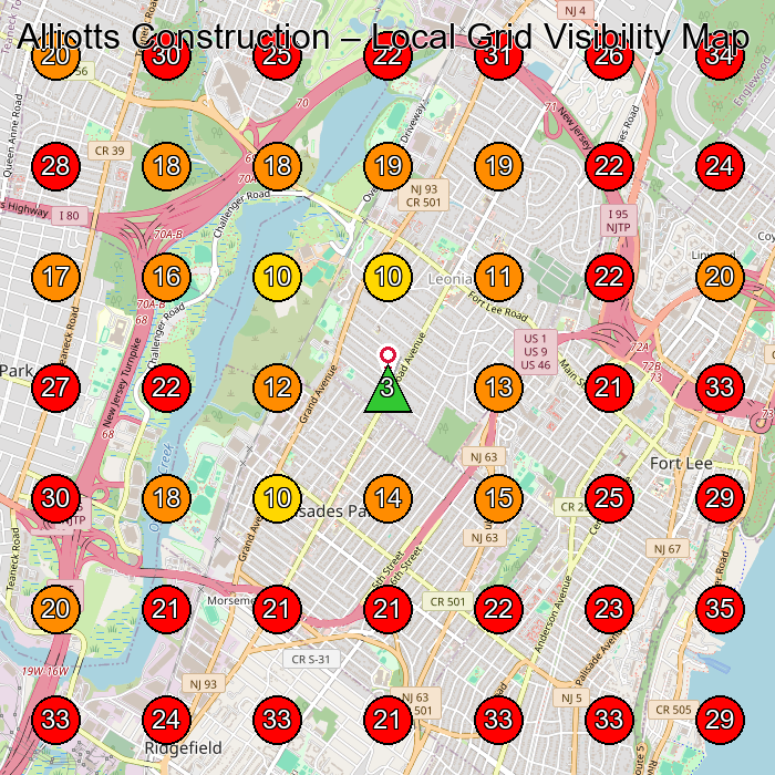 Alliotts Construction GeoGrid visibility map for General Contractor in Edgewater